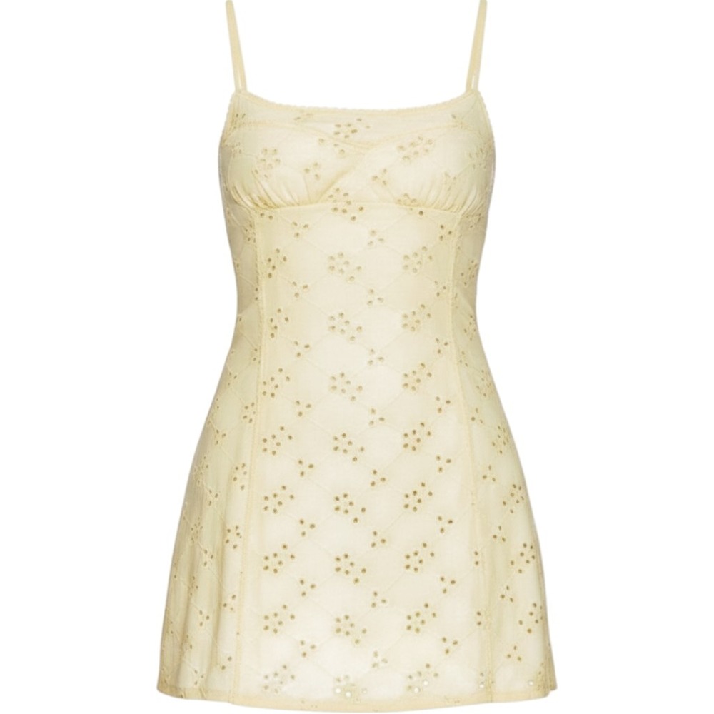 Free People Full Bloom Mini Slip Dress Banana Cream Yellow Eyelet Size L NWT
